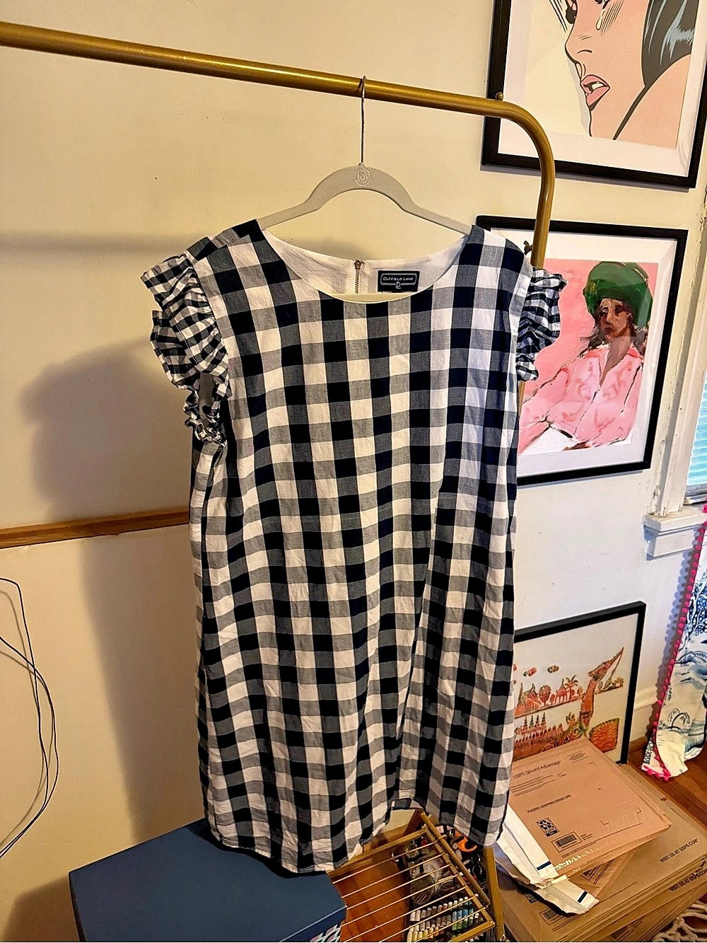 Duffield Lane Checkered Cotton Mini Dress in Blue & White